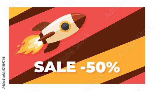A modern illustration of a cartoon rocket flying upwards against a backdrop of diagonal red, maroon, and yellow stripes, with the words "SALE -50%" prominently displayed in large white letters.