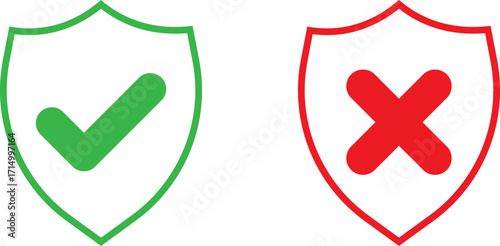 Green checkmark and red x on shields indicating approval and rejection