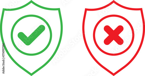 Green checkmark shield and red cross shield icons