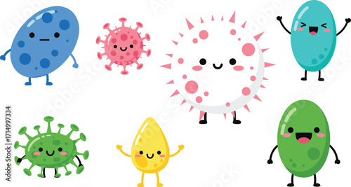 Cartoon virus characters, cute microbes with faces, colorful germs illustration, children’s science art, playful infection concept, educational design