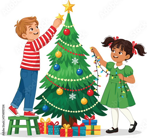 Happy children decorating Christmas tree with lights and star, festive holiday scene, cartoon illustration, kids celebrating winter season, family tradition