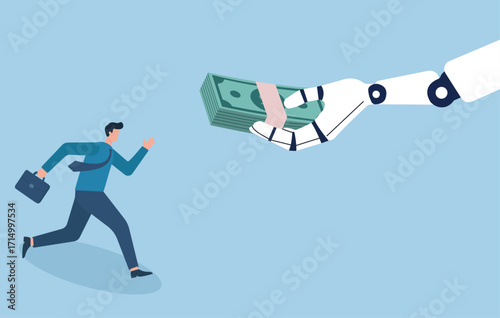 A businessperson rushes toward a robotic hand offering cash—symbolizing tech-driven financial opportunity and automation in modern work.
