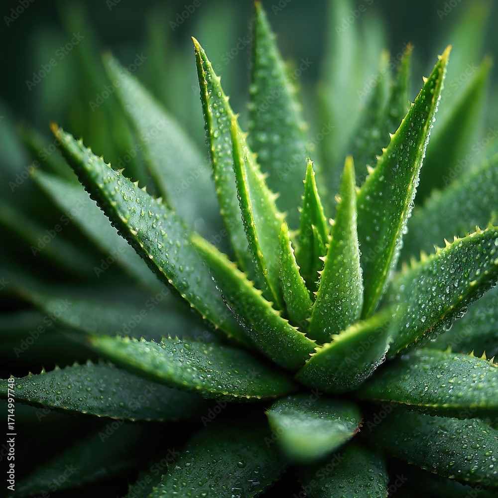 Fototapeta premium Close-Up View of a Lush Green Succulent Plant with Textured Leaves and Raindrops in a Natural Setting