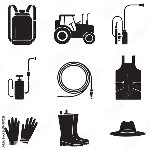 Collection of agricultural farming equipment and tools including a backpack sprayer tractor sprayers hose apron gloves boots and hat