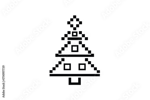 Pixelated black Christmas tree stands against a white background, showing holiday minimalism