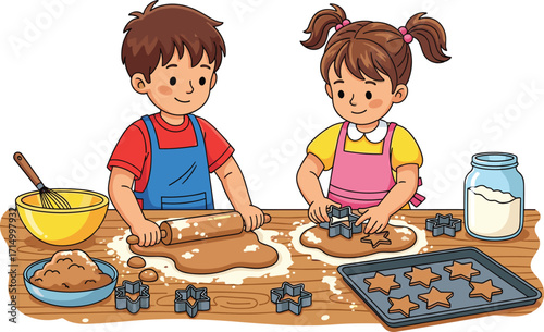 Kids baking cookies together, children making star-shaped biscuits, boy and girl cooking in kitchen, fun family baking activity, cute cartoon kids preparing dough