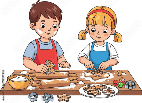 Happy boy and girl baking cookies, cartoon kids making gingerbread, holiday cooking, fun kitchen activity, children’s baking, festive food, vector illustration