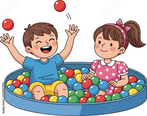 Happy boy and girl playing in ball pit, cartoon kids having fun, colorful indoor playground, joyful childhood, children’s playtime, vector illustration