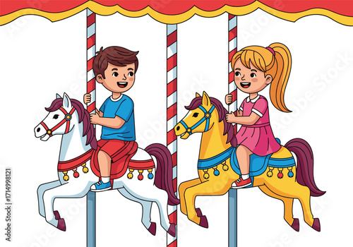 Happy boy and girl riding carousel horses, cartoon kids at amusement park, joyful childhood, fun fair ride, playful children, colorful merry-go-round, vector illustration