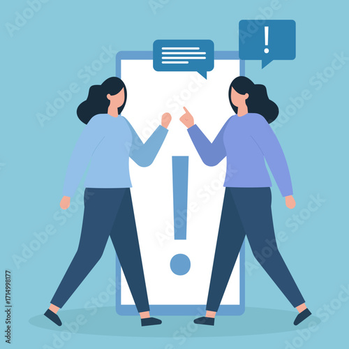 Digital debate or urgent dialogue—two figures exchange ideas in front of a smartphone, highlighting online communication tension.