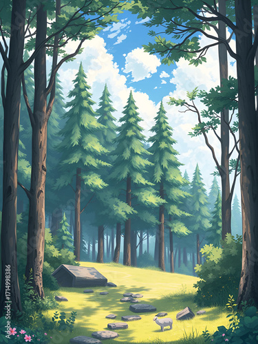 Serene Anime Forest Banner Illustration in Peaceful Natural Setting