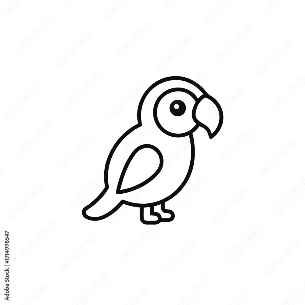 Fototapeta premium A cute blue cartoon parrot vector character with a beak and wings, happily perched on a branch