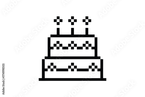 Pixelated cake with two layers is decorated with three candles on top