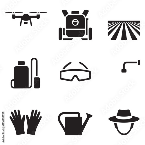 Modern agricultural technology and tools for smart farming and crop management including drone sprayer and protective gear