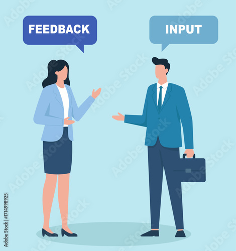 Flat vector showing professional dialogue—highlighting the value of feedback, input, and collaborative communication in business.