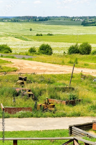Minsk region, Belarus, July 12, 2025. Rusty military equipment on the Stalin Line.                               