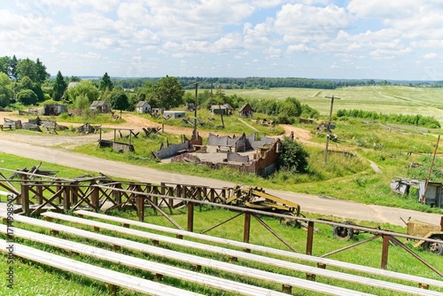  Minsk region, Belarus, July 12, 2025. A field with a dilapidated fake village on the Stalin Line.                              