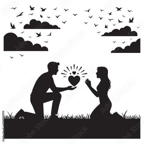Romantic silhouette of a man proposing to a woman with a glowing heart symbol on a grassy field under a cloudy sky with birds