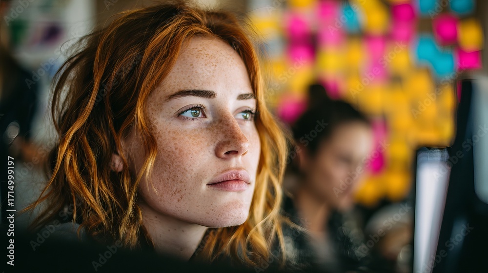 Fototapeta premium Young woman with red hair and freckles thoughtfully looking away in a vibrant, modern office setting