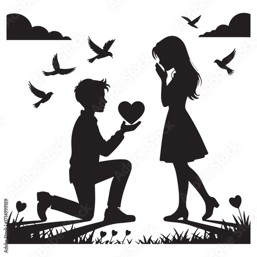 Romantic silhouette of a man proposing to a woman with a heart symbol and birds flying in a dreamy sky