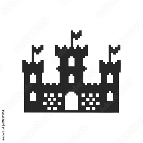 Pixelated silhouette presents a medieval castle icon complete with towers and fluttering flags