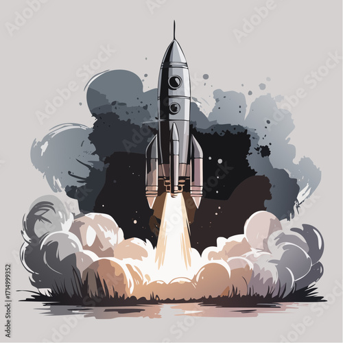 rocket launch at twilight charcoal sketch with metallic foil accents and smoky wash