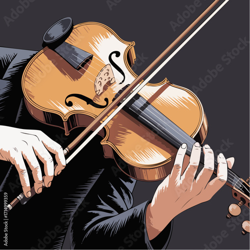 violinist’s bow snapping across strings charcoal sketch with photo-etch inlay detail