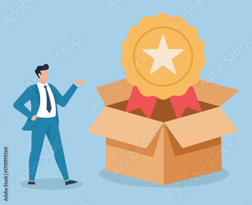 A man unveils a golden award from a box, symbolizing recognition, achievement, and the celebration of success in a professional setting.
