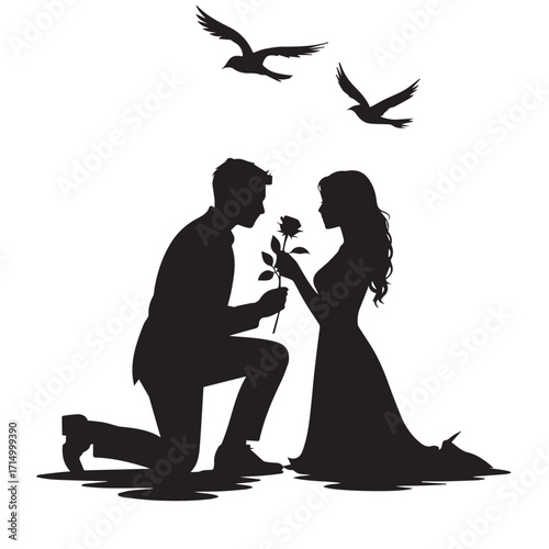 Romantic silhouette of a man proposing to a woman with a rose and birds flying above