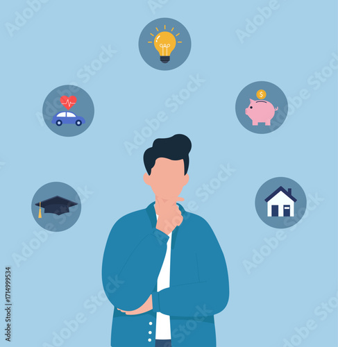 A thoughtful figure surrounded by icons of life choices—ideas, finance, home, education, and health—reflecting personal decision-making.
