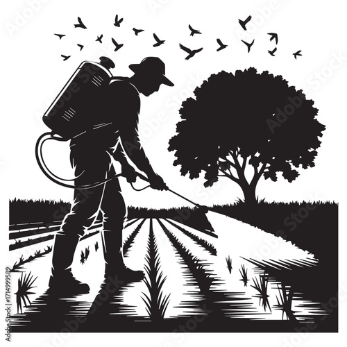Silhouette of a farmer spraying crops in a field with a backpack sprayer birds flying above a tree