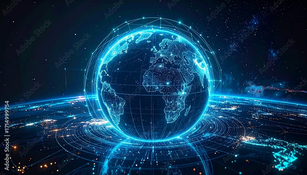 Obraz premium Digital Earth: Glowing Blue Globe with Network Connections and Starry Background