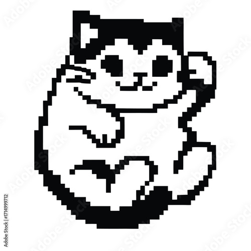 Pixelated white cat with black patches is waving its paw in simple style
