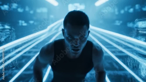 Athlete sprints high-tech track surrounded by holographic data displays and digital analytics.