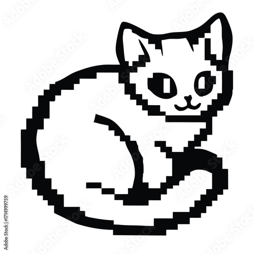 Pixelated white feline with tail curled snugly gazes forward smiling softly