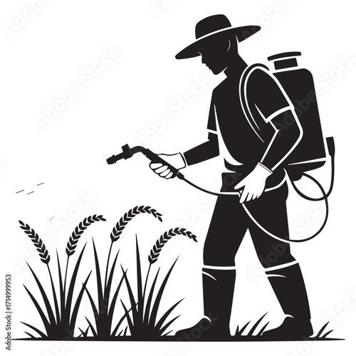 Silhouette of a farmer wearing a hat and boots spraying crops with a backpack sprayer in a field of wheat