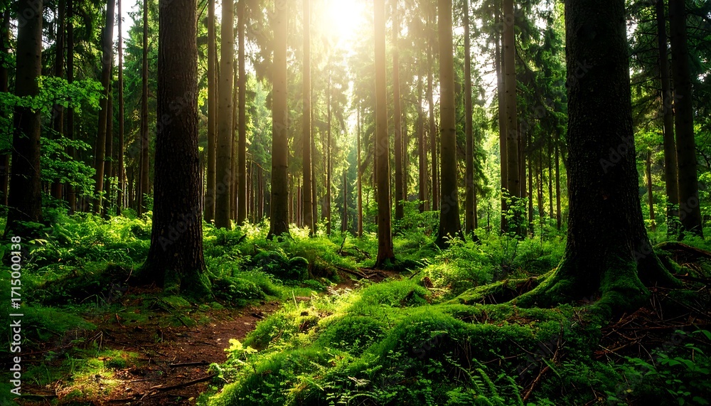 Obraz premium Lush Forest Sunlight Path