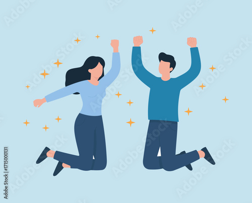 Joyful teamwork and shared success—two characters leap in celebration, surrounded by sparkles in a clean, uplifting flat vector style.