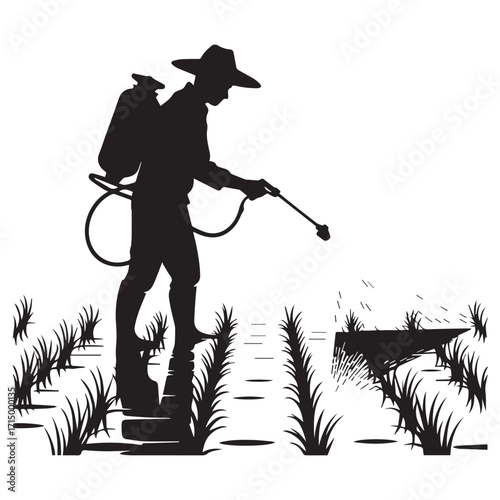 Silhouette of a farmer wearing a hat and carrying a backpack sprayer applying pesticides to crops in a field