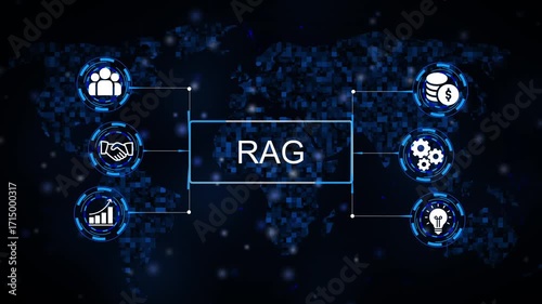 R A G technology concept with global network connections team finance growth gears and idea icons on digital world map background