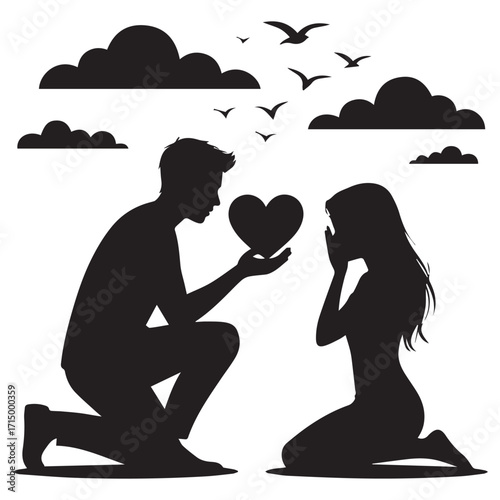 Silhouette of a man proposing to a woman with a heart symbol against a cloudy sky with birds flying