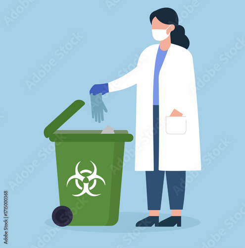 Safe disposal of biohazardous gloves by a masked professional, promoting hygiene, lab safety, and responsible medical waste handling.