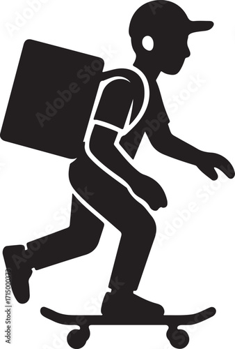 Skateboard Courier with Delivery Backpack Silhouette Vector Illustration for Modern Urban Gig Economy and Food Delivery