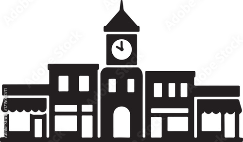 Small Town Main Street Skyline Silhouette with Clock Tower and Storefronts Vector Illustration