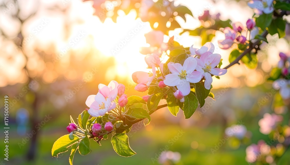 Fototapeta premium Apple Blossom Branch at Sunset, Delicate Pink and White Flowers