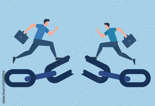 Two figures leap over broken chains, symbolizing liberation, bold action, and breaking free from constraints in pursuit of progress.