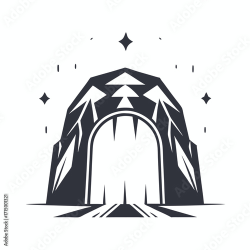 Simplistic bold monochrome illustration of an arched mountain range under a starry sky