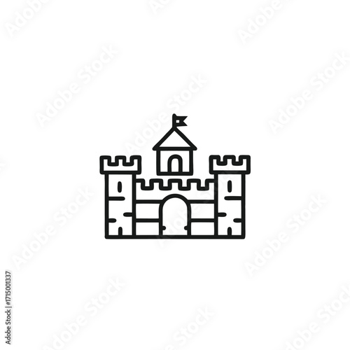 Single black outline presents a historic walled castle with a flag sitting atop the main building