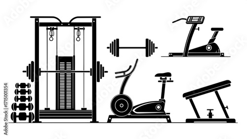 "Modern gym equipment icons in silhouette style, showing machines in a flat, clean, and evenly arranged composition with no shading or textures."