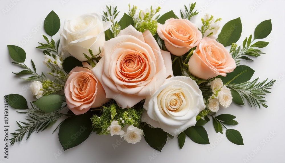 Obraz premium Beautiful Floral Bouquet Featuring Peach And White Roses Arranged With Greenery On A White Surface